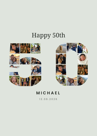 Number Collage personalised poster – the number 50 filled with photos, on sage