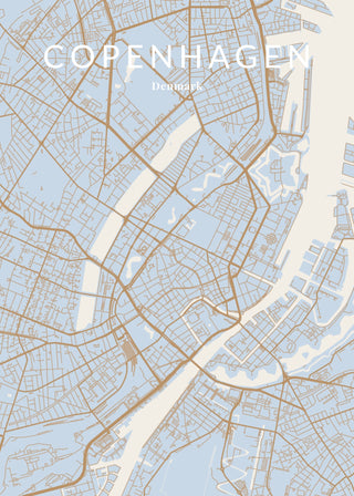 Pastel city map poster of Copenhagen in blue with golden roads