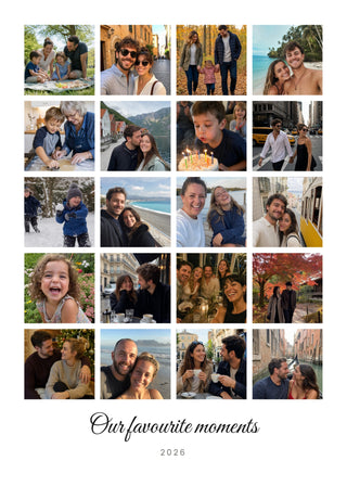 Photo Grid personalised poster – 20 family and holiday photos in a classic four-by-five grid with a handwritten headline, on white