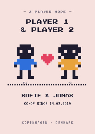 Player 1 & Player 2 personalised gamer couple poster – two pixel-art characters with a pixel heart, names, co-op date and place (Blush)