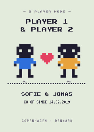 Player 1 & Player 2 personalised gamer couple poster – two pixel-art characters with a pixel heart, names, co-op date and place (Sage)