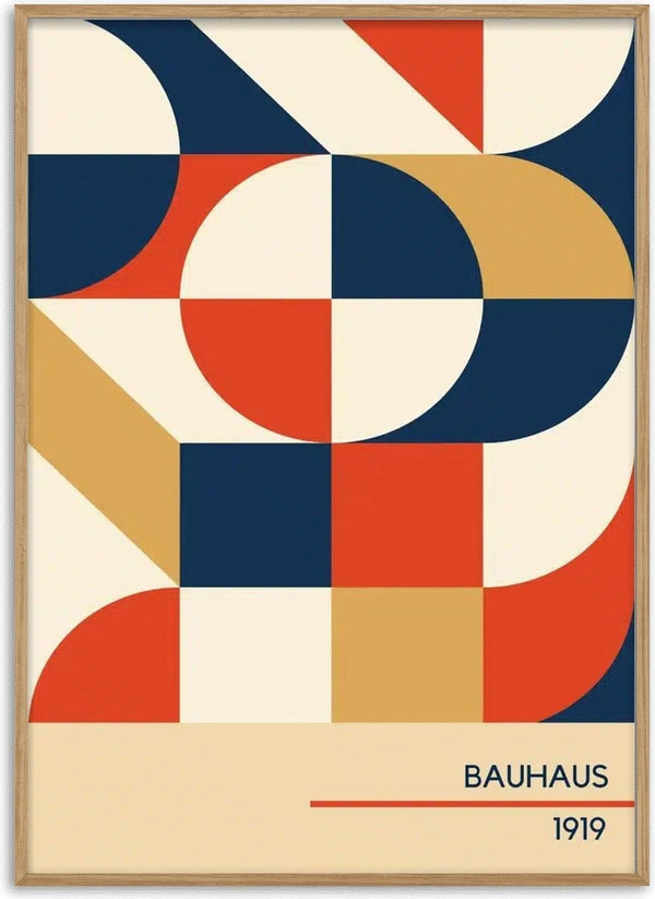 Geometric abstract poster in navy, red, and beige with "BAUHAUS 1919" text at the bottom.