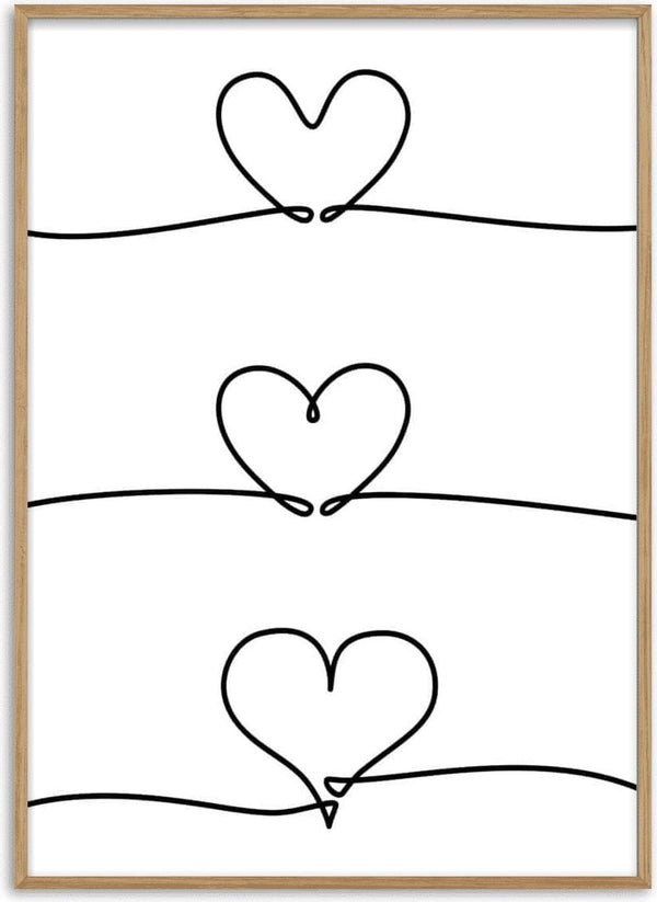 Minimalist poster with three hearts drawn in a single line, each heart aligned horizontally.