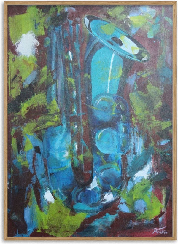 Blue Saxophone by Ritta Henriques Jorge - a turquoise saxophone against a deep maroon ground with lime green and white strokes