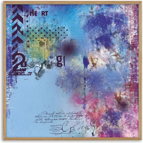 Heart 28 by Dada - sky blue clouded with violet and magenta blooms under black chevrons and old script