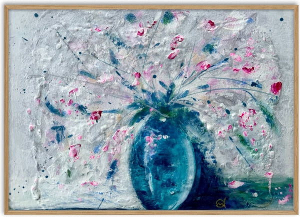 Pink Blossoms in a Blue Vase by Marina Agre - pink blossoms in a teal-blue vase on white