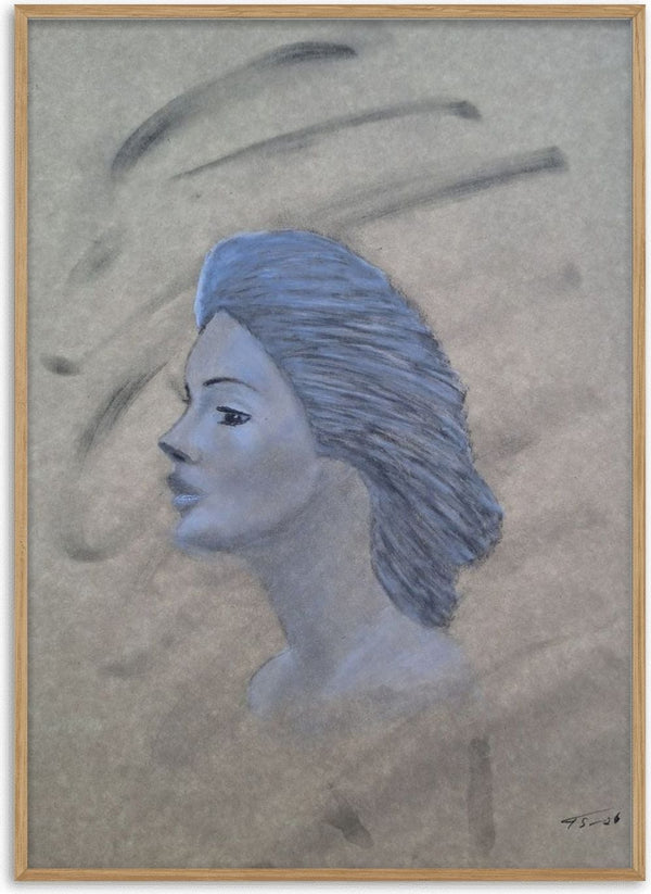Blue Profile by Allheartsportraits - charcoal profile of a woman with swept-back blue-grey hair on grey