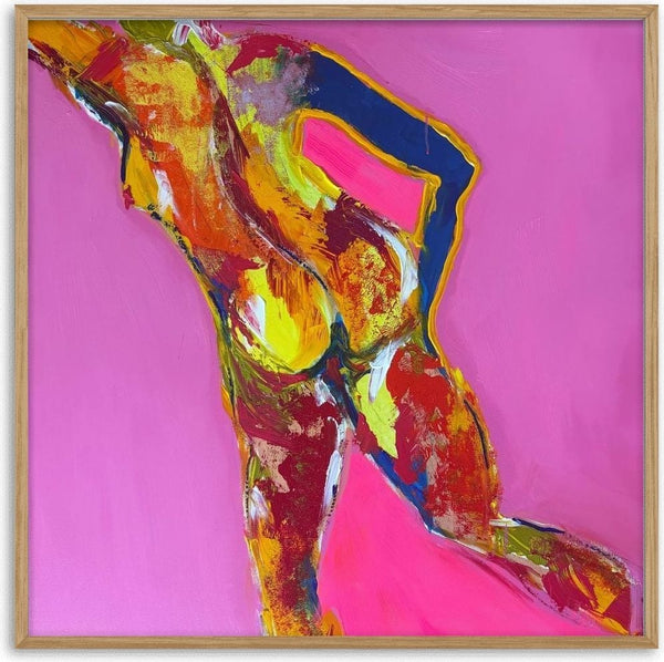 Pink Nude by René J - leaning figure painted in orange, yellow and cobalt on a bright pink ground