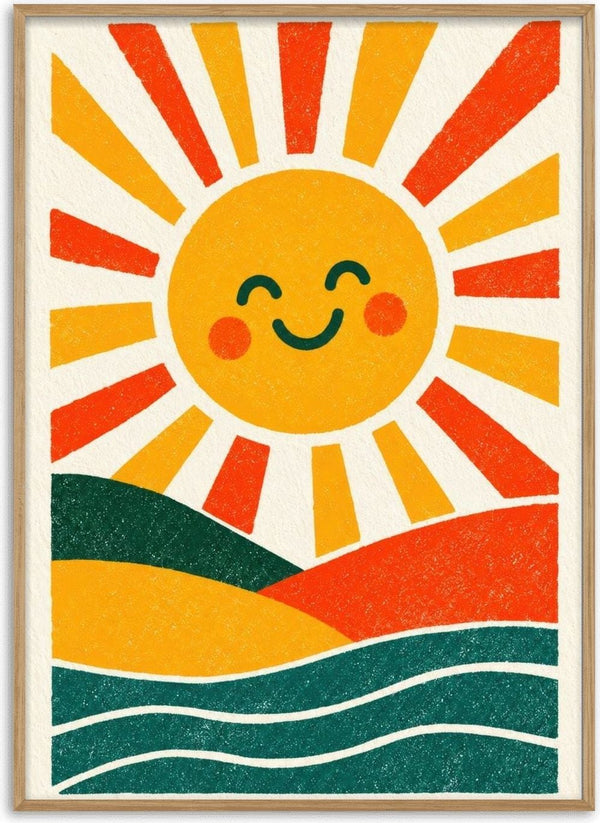 Smiling Sun by Decker Studios - smiling yellow sun with red and yellow rays above hills and a green sea