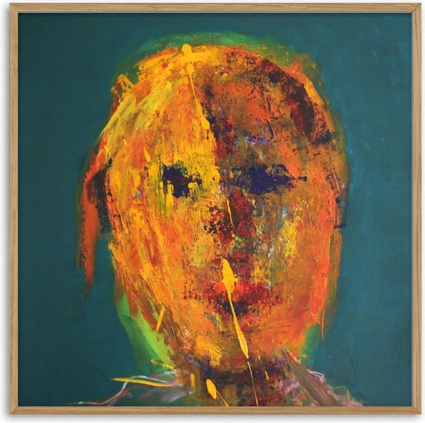 Head in Orange by René J - a head in orange and red with dark eye hollows on flat teal