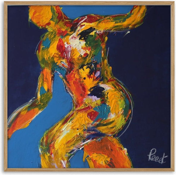 Dancer on Blue by René J - a twisting dancer in thick yellow and orange on deep blue