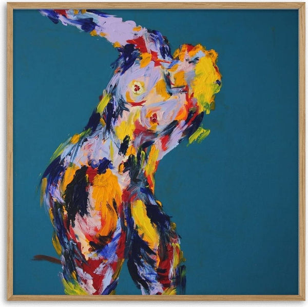 Leaning Back by René J - a nude arching back in lilac and yellow on flat teal