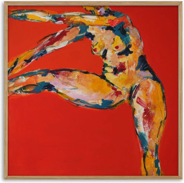Arch in Red by René J - a nude arching over in ochre and cream on a flat red ground
