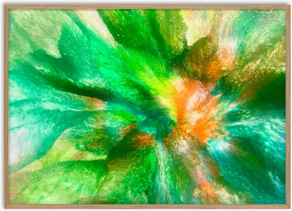 Emerald Burst by Da Winters - green fans of poured acrylic opening around an orange centre