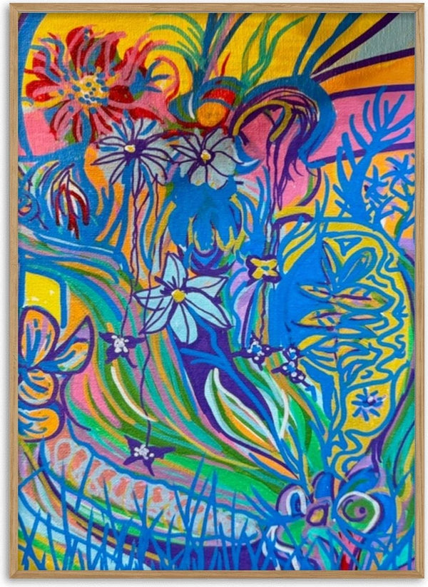 Garden Party by Da Winters - blue-outlined flowers and leaves over bands of yellow, pink and green