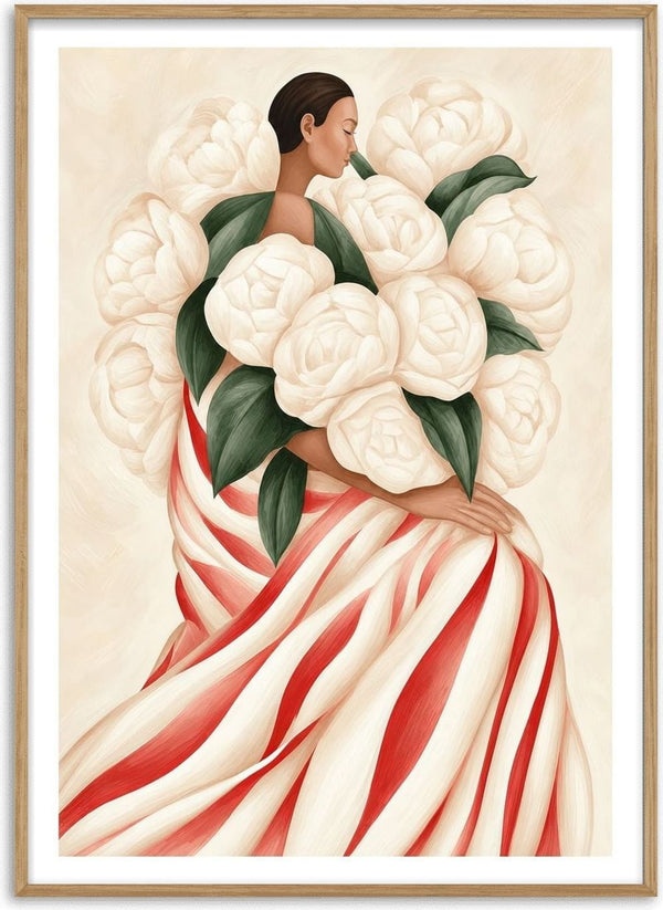 White Peonies by Martina Karlsson - a woman seen from behind in a red-striped gown with an armful of cream peonies