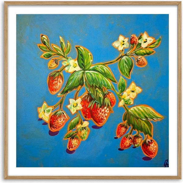 Strawberries on Blue by Svetla Stoyanova Bassi - red strawberries and white flowers outlined in orange on blue