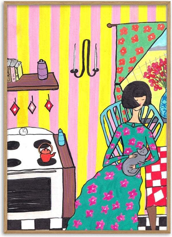 Afternoon with the Cat by Camilla Nilsson - a woman with a grey cat in a pink and yellow kitchen