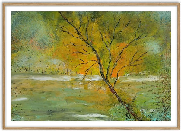 Tree in Gold Light by luco art - a bare tree against gold foliage over a pale green field