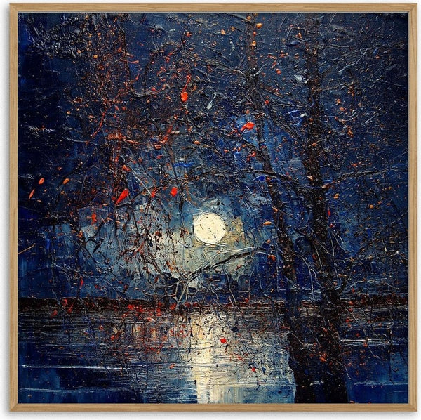 Moon through Bare Trees by Justyna Kopania - a white moon between dark branches on a deep blue night