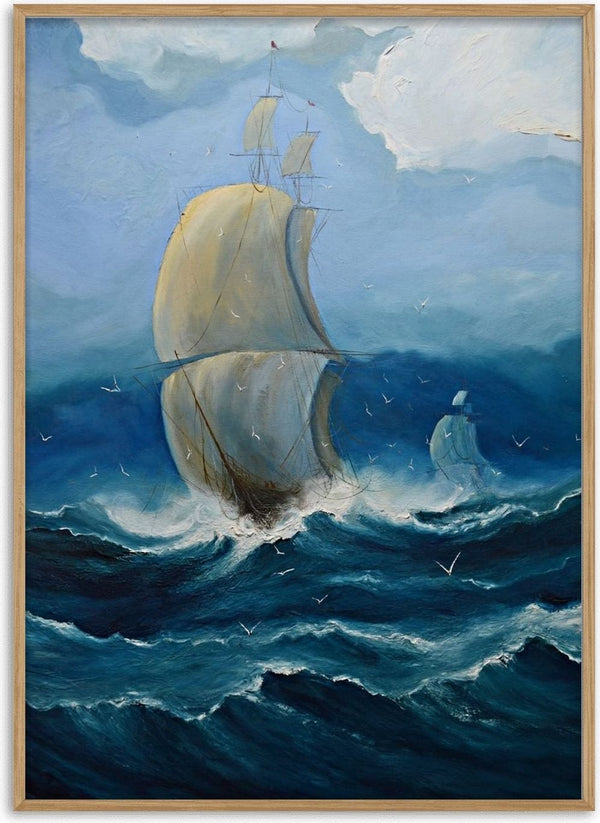 Full Sail by Justyna Kopania - a tall ship with cream sails under a blue sky over dark seas