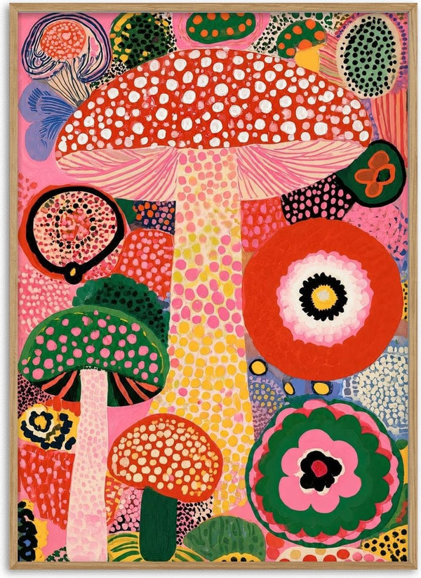 The Spotted Mushroom Garden by Yokohama - a red and white spotted mushroom among dotted flowers on a pink ground