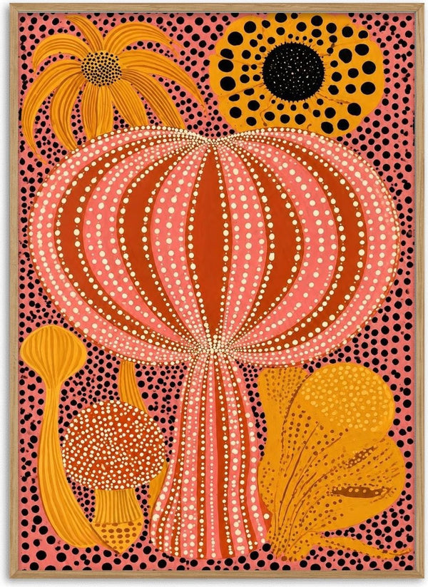 Pink Dotted Pumpkin by Yokohama - a ribbed coral pumpkin in rows of cream dots on a pink dotted ground