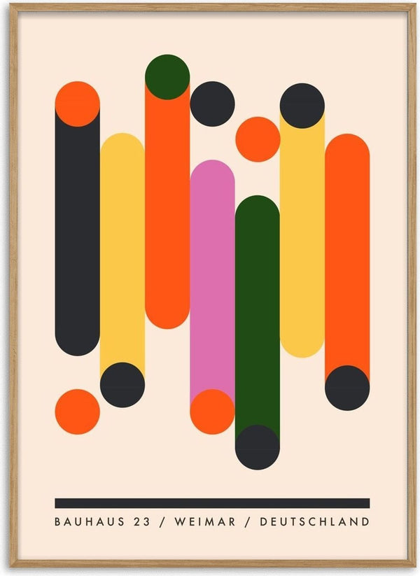 Bauhaus Columns by Neil Stevens - rounded bars in orange, yellow, pink and green on off-white