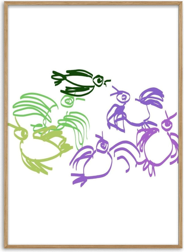 Birds in Green and Purple by Eva Hartman - seven birds drawn in single unbroken lines on white paper