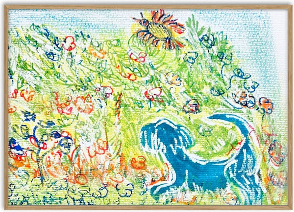 Blue Cat in the Garden by Eva Hartman - a blue cat among green grass and bright flowers in felt pen