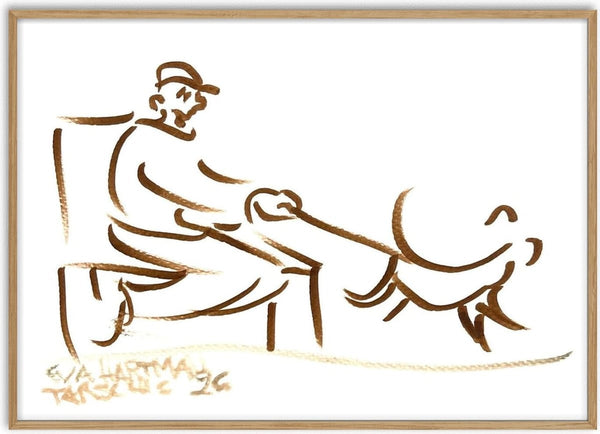Man and Dog by Eva Hartman - a man on a bench and a dog drawn in one unbroken brown line