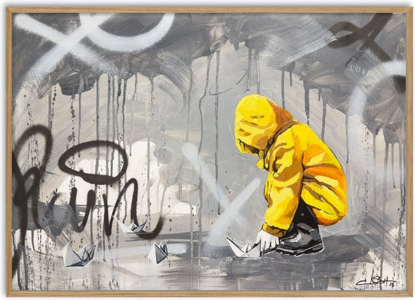 Paper Boats by Cash - a boy in a yellow raincoat floating paper boats on a grey wall