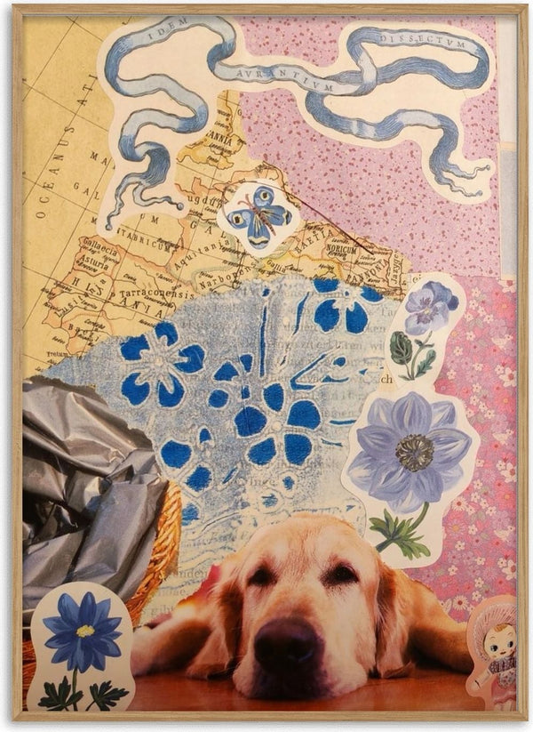 Resting Retriever by RenataK - a golden retriever under an old map and blue cut-out flowers