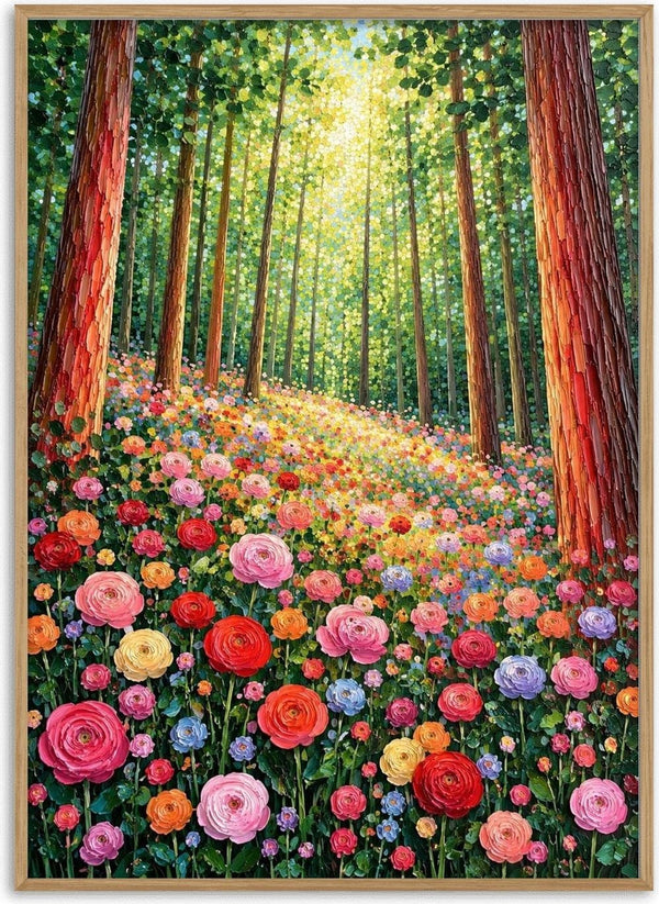 Rose Path in the Forest by Yokohama - red-brown tree trunks over a carpet of pink, red and orange blooms