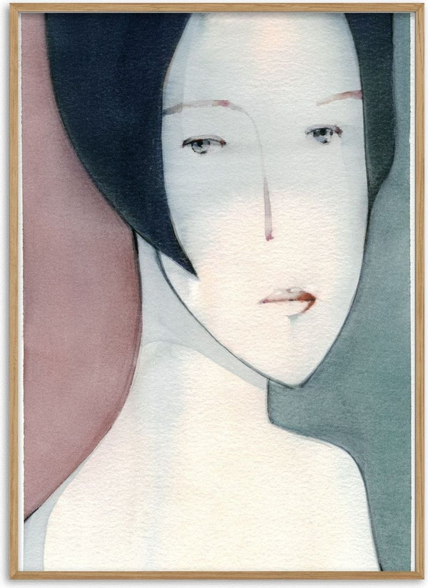 A Child by Designus - watercolour portrait with a black bob against rose and teal