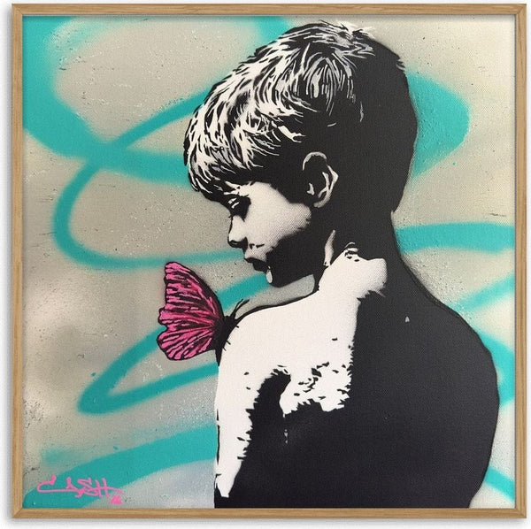 A sense of lightness by Cash - a stencilled boy with a pink butterfly on his shoulder