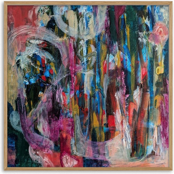 All Roads Lead Home by Janet Bell - a layered abstract in teal, magenta and ochre