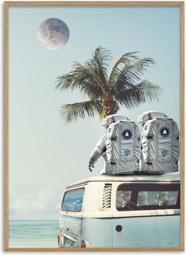 Two astronauts relaxing on a van roof by the beach with a palm tree and moon in the sky.