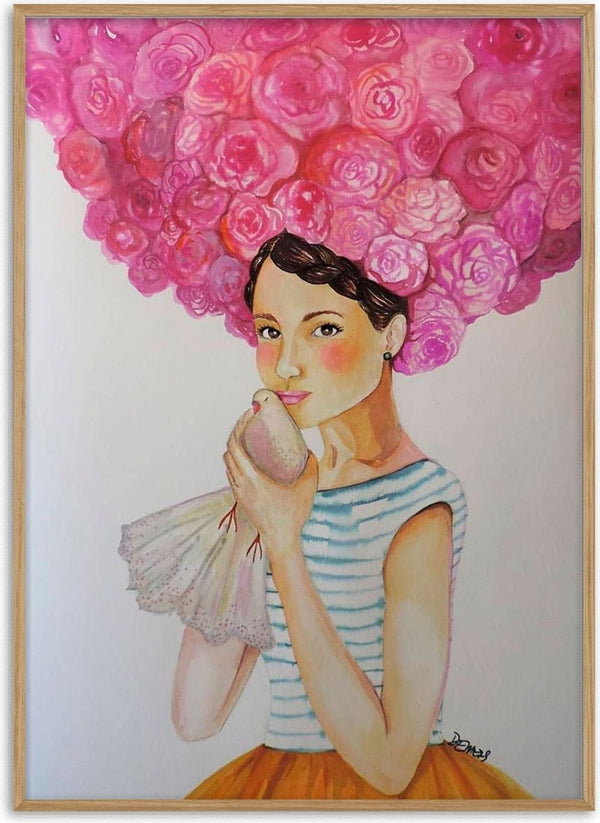 Illustration of a woman with pink rose hair holding a bird, from Audrey by Sylvie Demers.