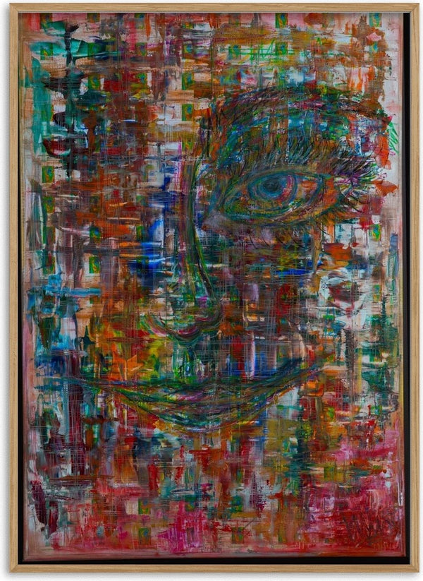 Augenblick by ullimcart - a face with one wide eye rising from a dense field of crossing colour