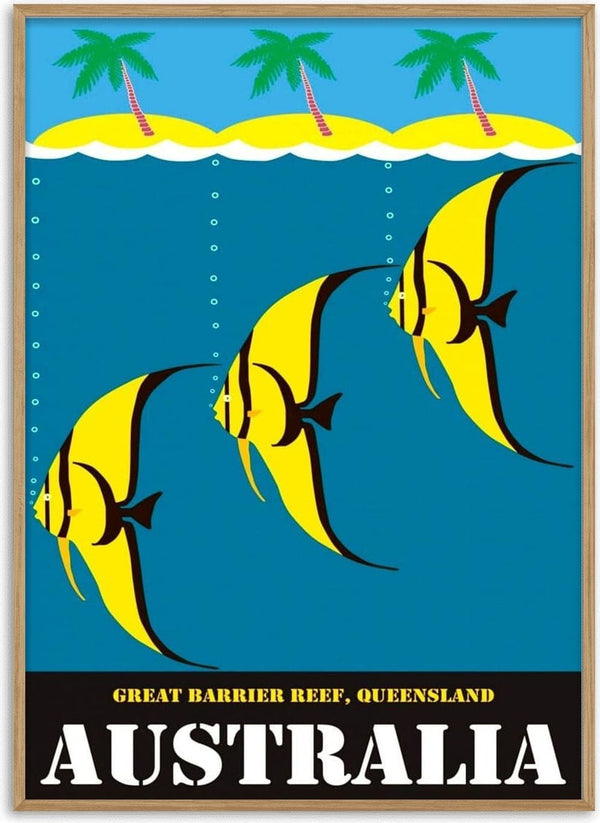 Vintage poster of the Great Barrier Reef with three yellow fish and tropical island, labeled "Australia."