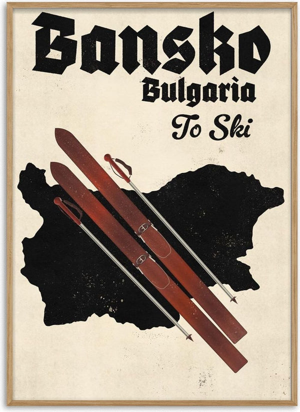 Vintage skis over a map of Bulgaria with the text "Bansko Bulgaria To Ski" in bold letters.