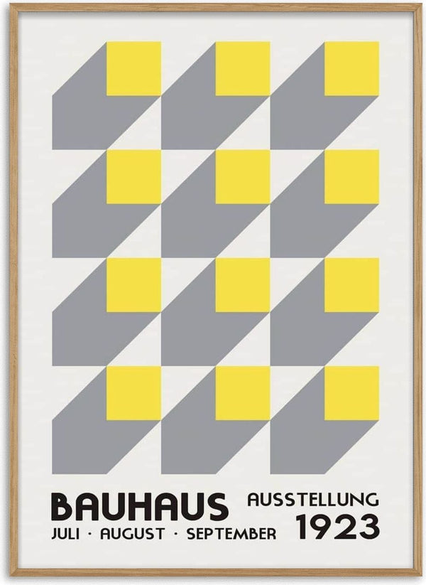 Bauhaus Ausstellung 1923 poster with yellow cubes and gray shadows, featuring bold black text at the bottom.