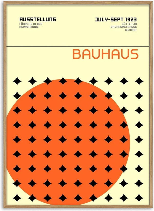 Bauhaus poster with large orange circle and black stars, Weimar exhibition details in German, minimalist design.