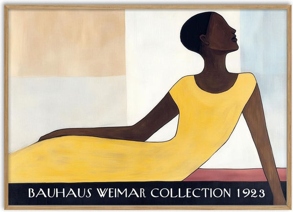 Stylized woman in a yellow dress lounging, Bauhaus Weimar Collection 1923 by David Wolf.