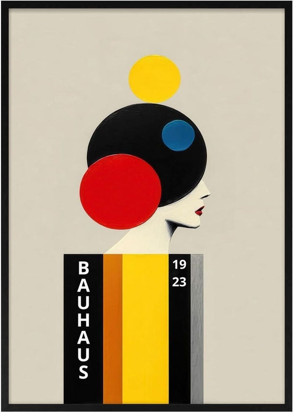 Stylized Bauhaus Woman 03 portrait by David Wolf, geometric shapes and bold colors, "BAUHAUS 1923" text.