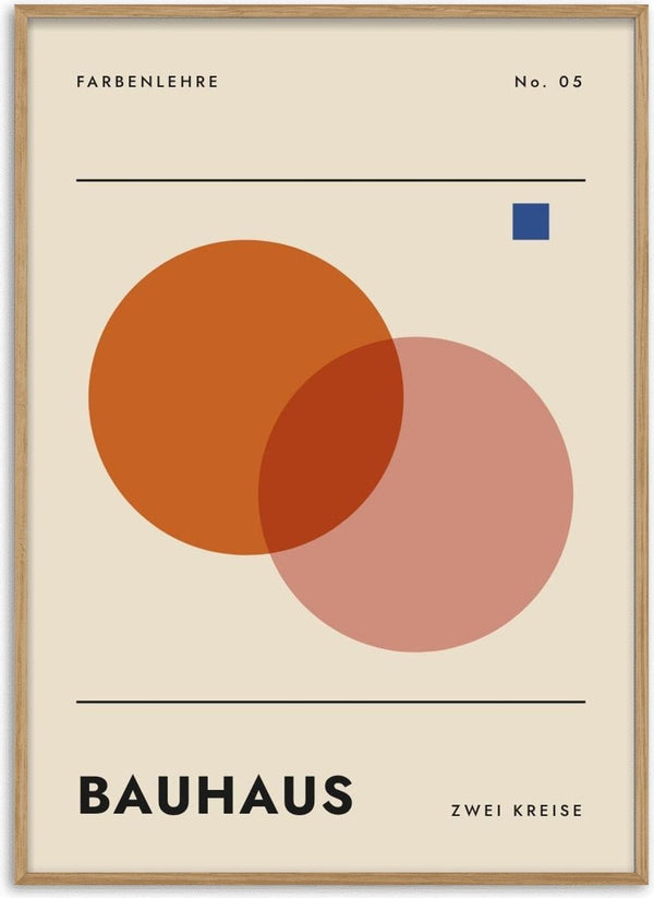 Bauhaus Zwei Kreise by ARTSY FARTSY, Bauhaus poster with overlapping orange and pink circles between two black lines
