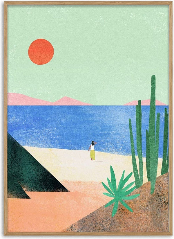 Minimalist illustration of a girl on a beach with cacti, blue sea, distant mountains, and an orange sun.