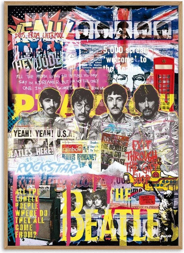 Colorful collage of The Beatles with British icons and text, promoting the Beatles Novo - Ricardo Noble product.