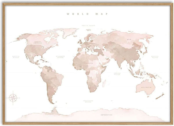 Beige world map poster with country names in soft pastel tones, minimalist design for wall decor.